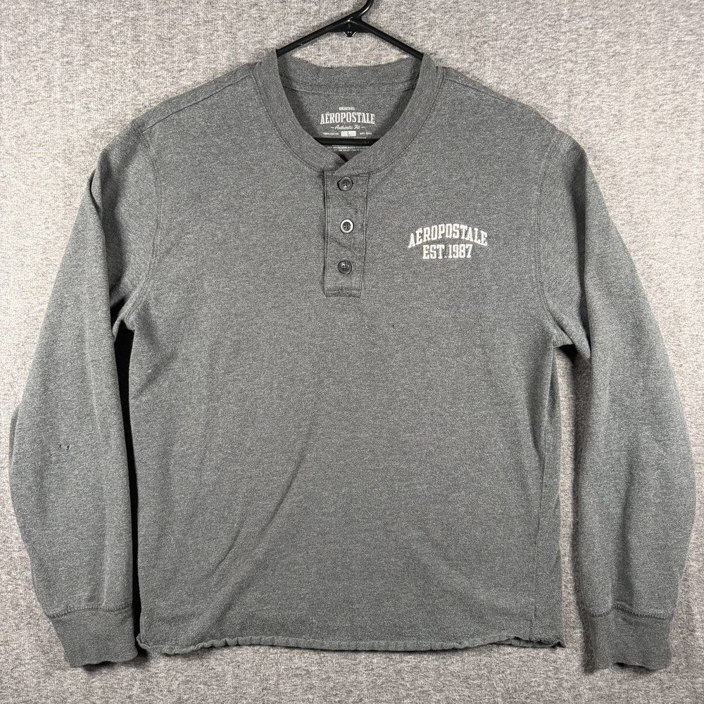 Aeropostale Shirt Mens Large Gray Henley Long Sleeve Est 1987 Logo Tee